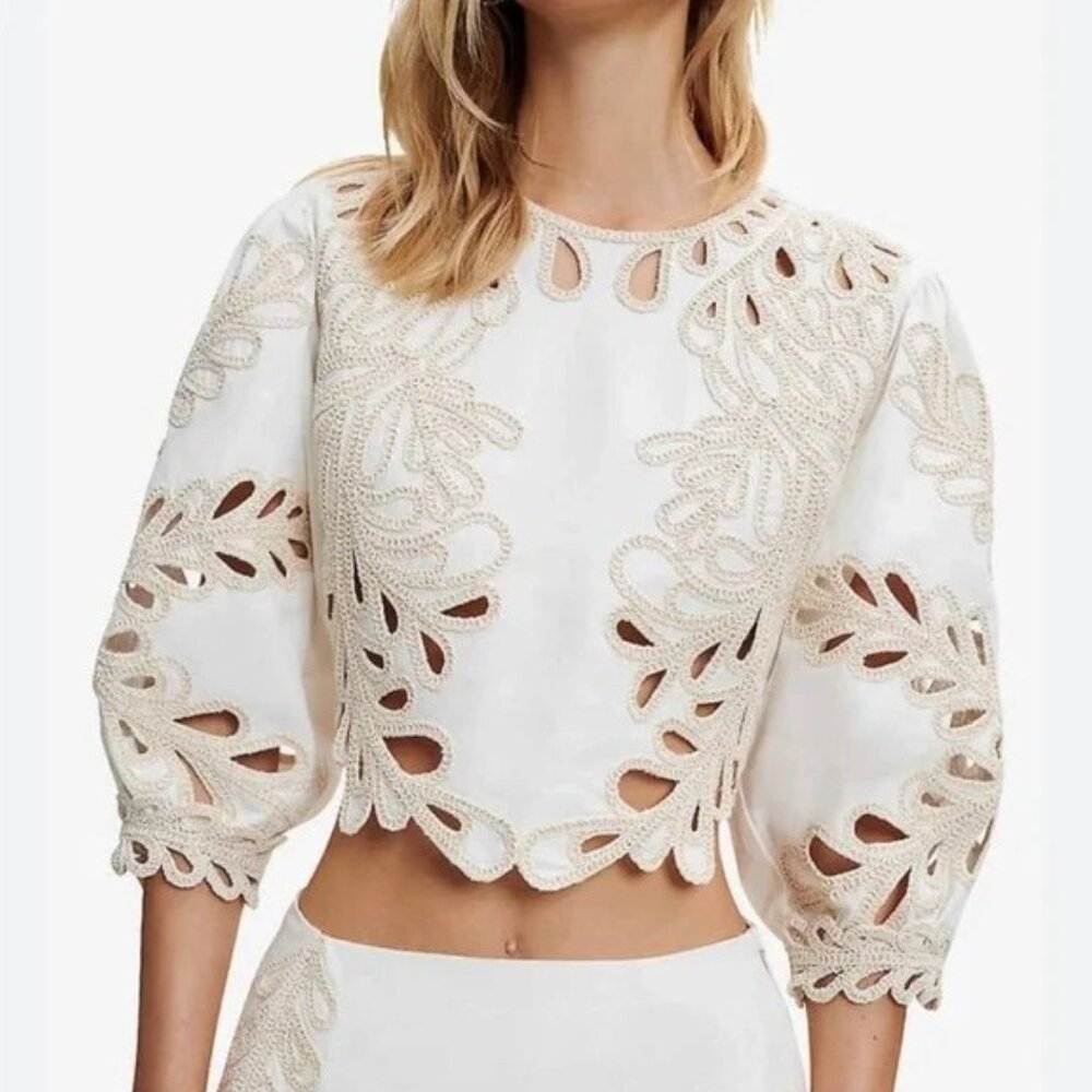 MAJE Lanetty Embroidered Puff-Sleeved Cotton Top